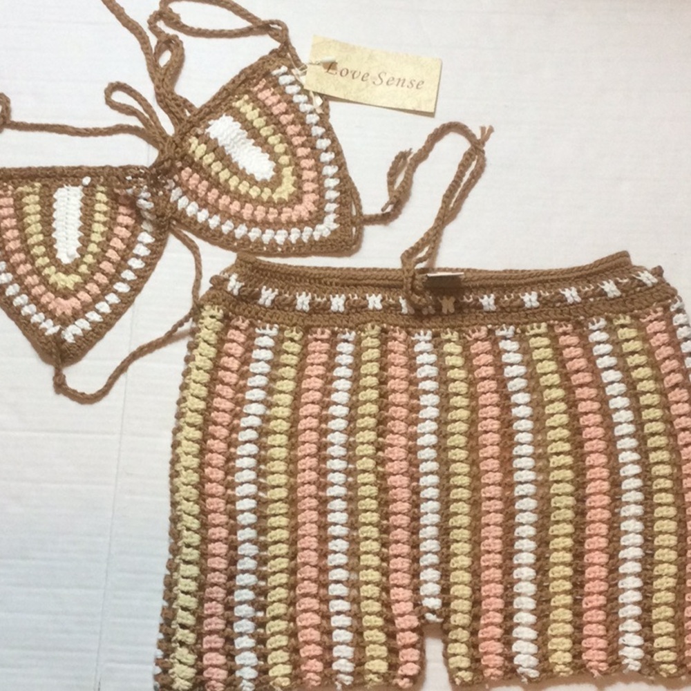 Love Sense Crochet Two-Piece Set in Brown, Cream, Pink & Olive